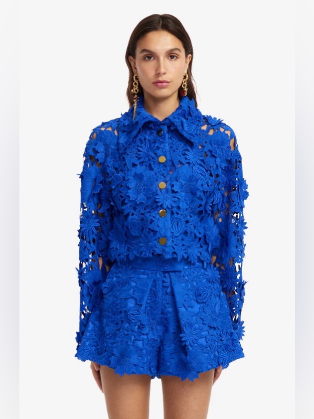 Leo Lin Robyn Cobalt Blue 3d Floral Applique Lace Shirt Blazer Au8/Us4 Nwot
